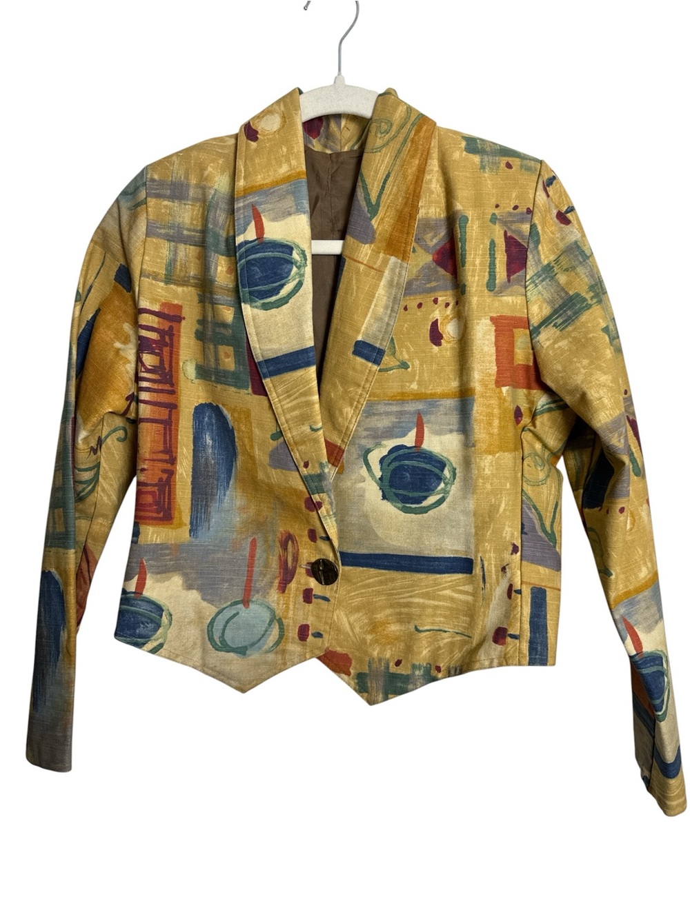 Vintage Abstract Print Cropped Blazer in Mustard and Blue